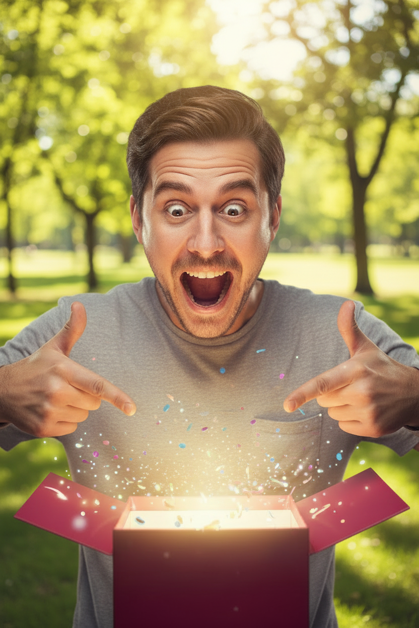 Excited Man Outdoors Opening Gift